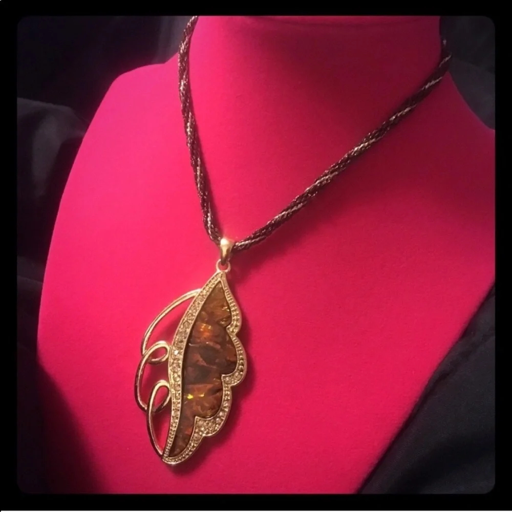Gold Tone Amber Leaf Statement Pendant Necklace | Crystal Botanical Design